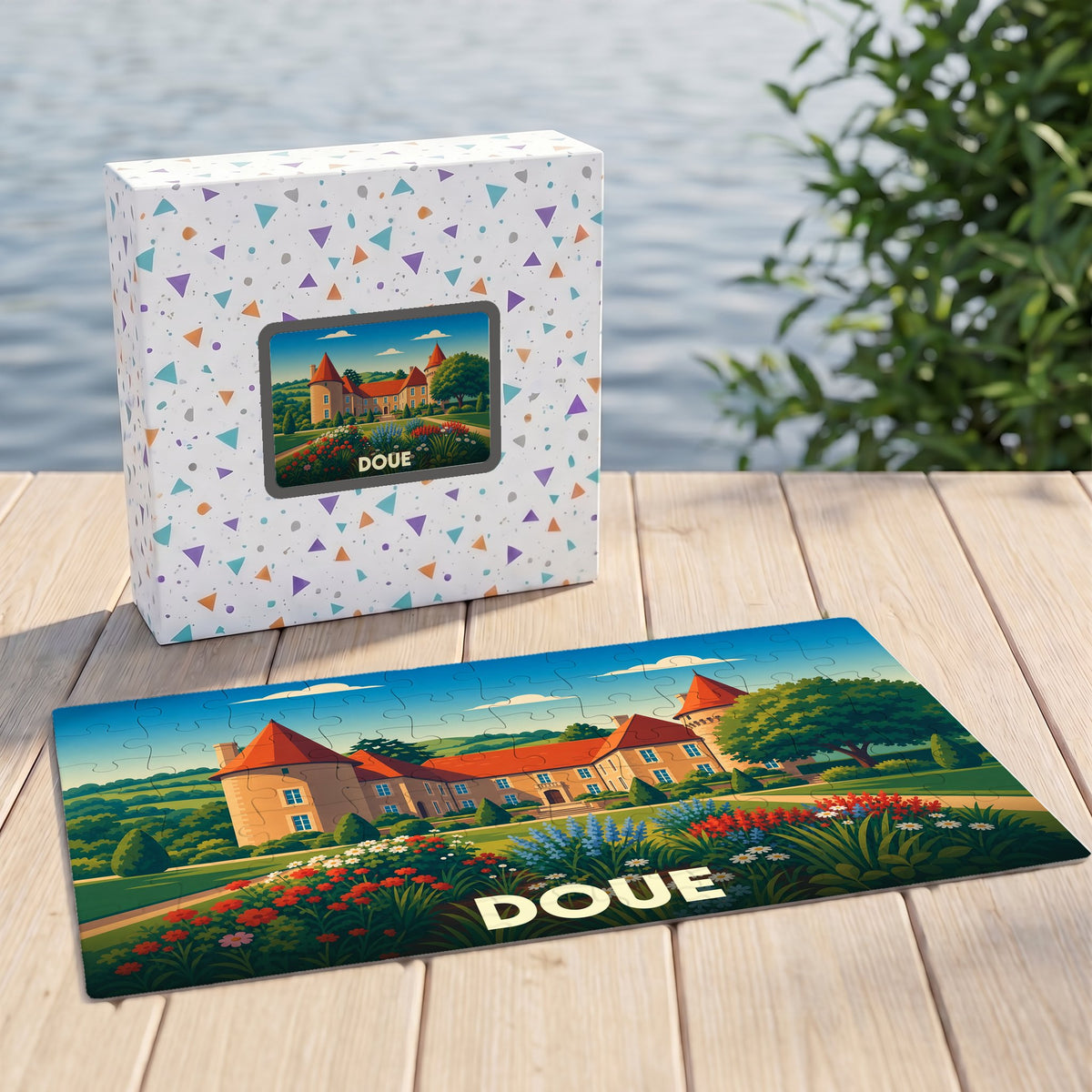 Puzzle souvenir de la ville de Doué illustrant un château entouré de jardins fleuris.