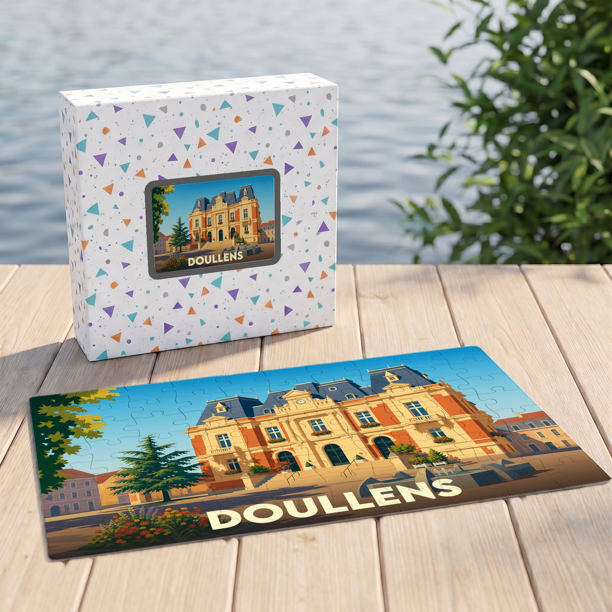 Puzzle souvenir de la ville de Doullens présentant une illustration stylisée de son hôtel de ville.