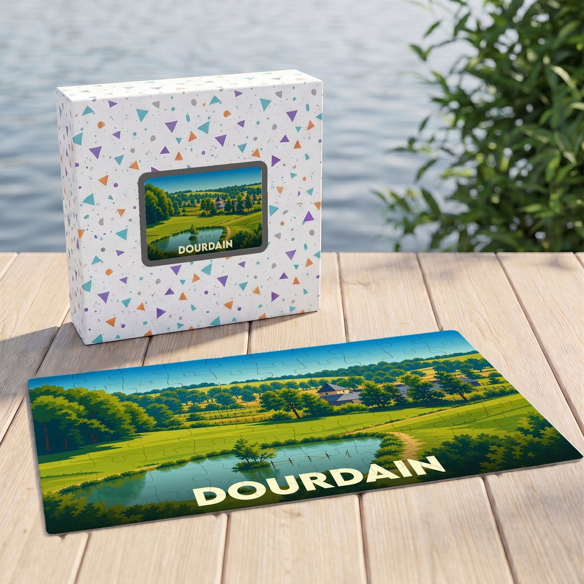 Puzzle souvenir de la ville de Dourdain avec une illustration stylisée de son paysage champêtre.