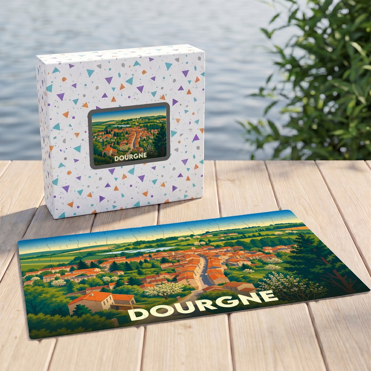 Puzzle souvenir de la ville de Dourgne avec une illustration stylisée.