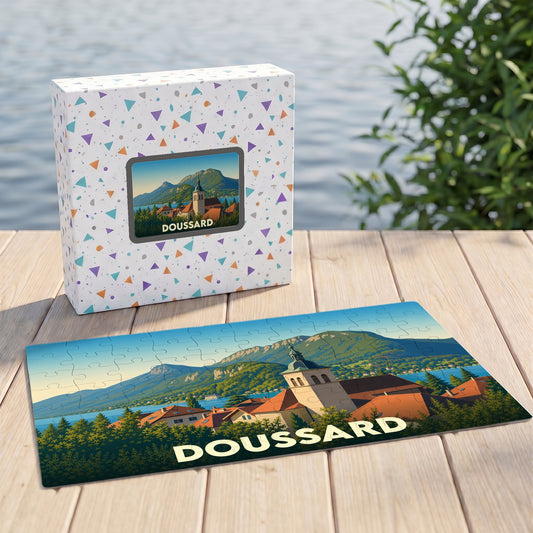 Puzzle souvenir de la ville de Doussard avec une illustration de son église et du lac.
