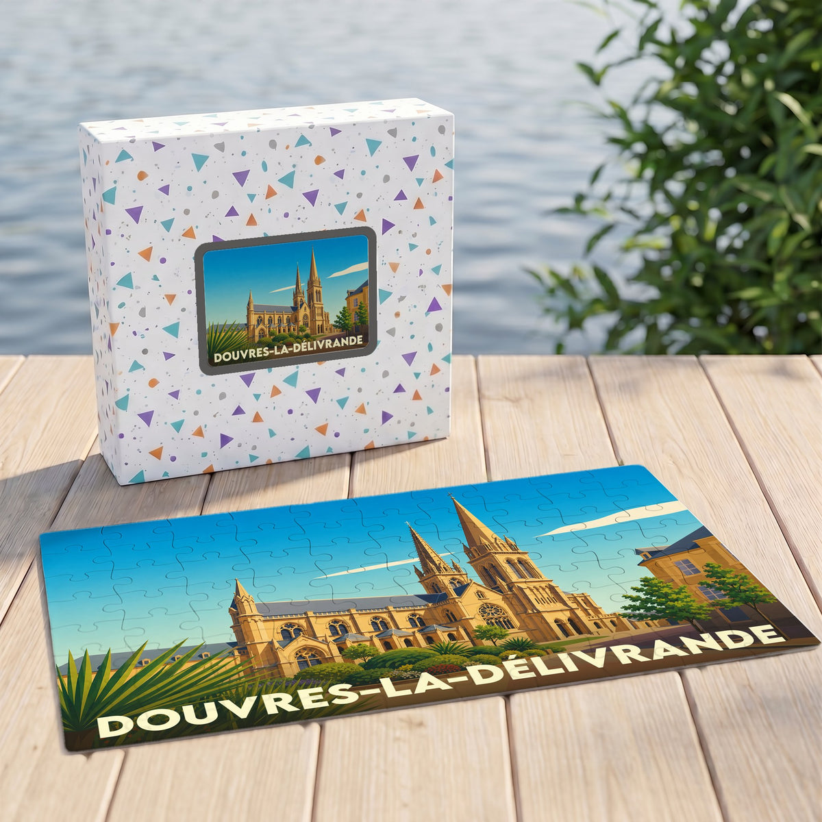 Puzzle souvenir de la ville de Douvres-la-Délivrande avec une illustration stylisée de sa basilique.