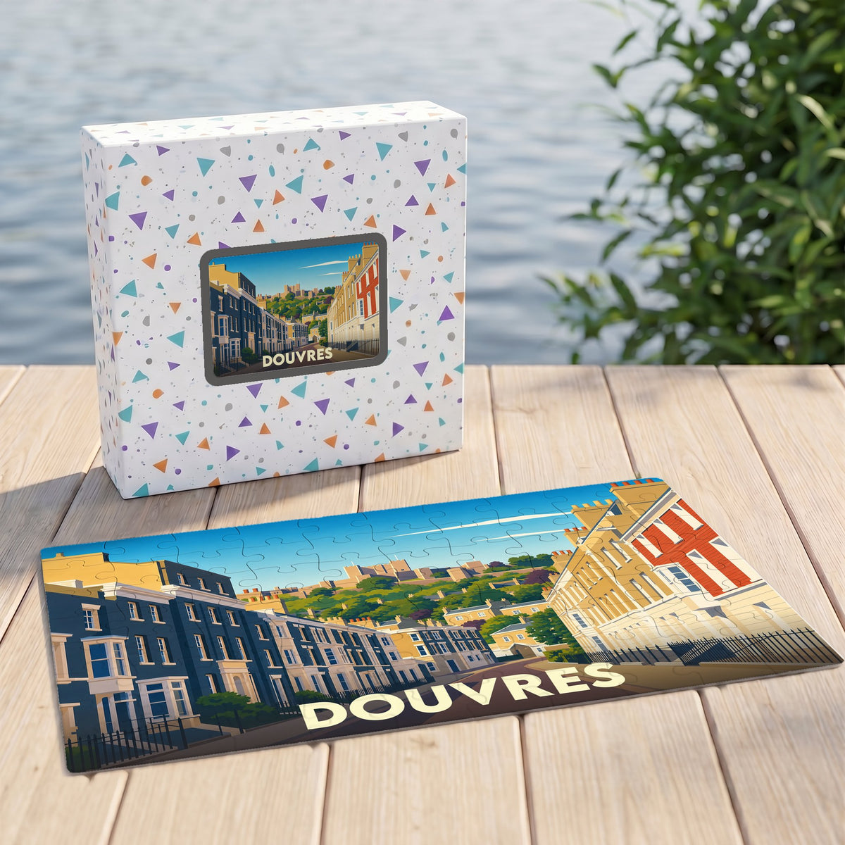 Puzzle souvenir de la ville de Douvres avec une illustration stylisée de ses rues et de son château.