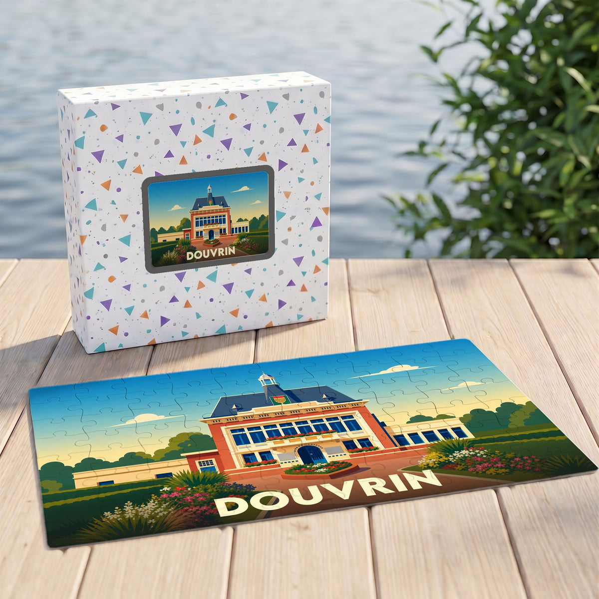Puzzle souvenir de la ville de Douvrin avec une illustration stylisée de son hôtel de ville.