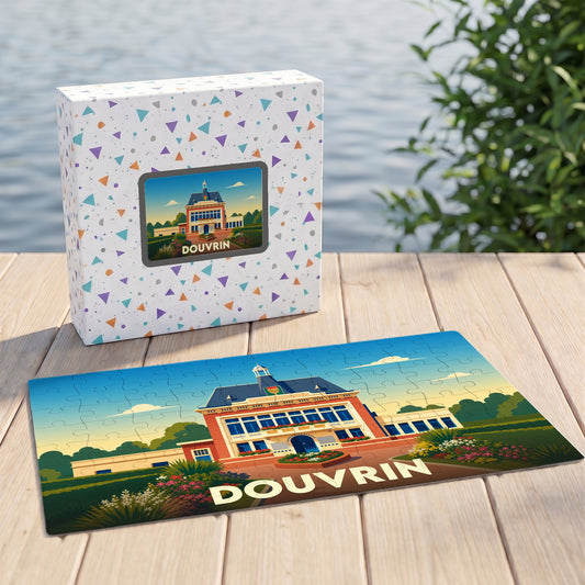 Puzzle souvenir de la ville de Douvrin avec une illustration stylisée de son hôtel de ville.