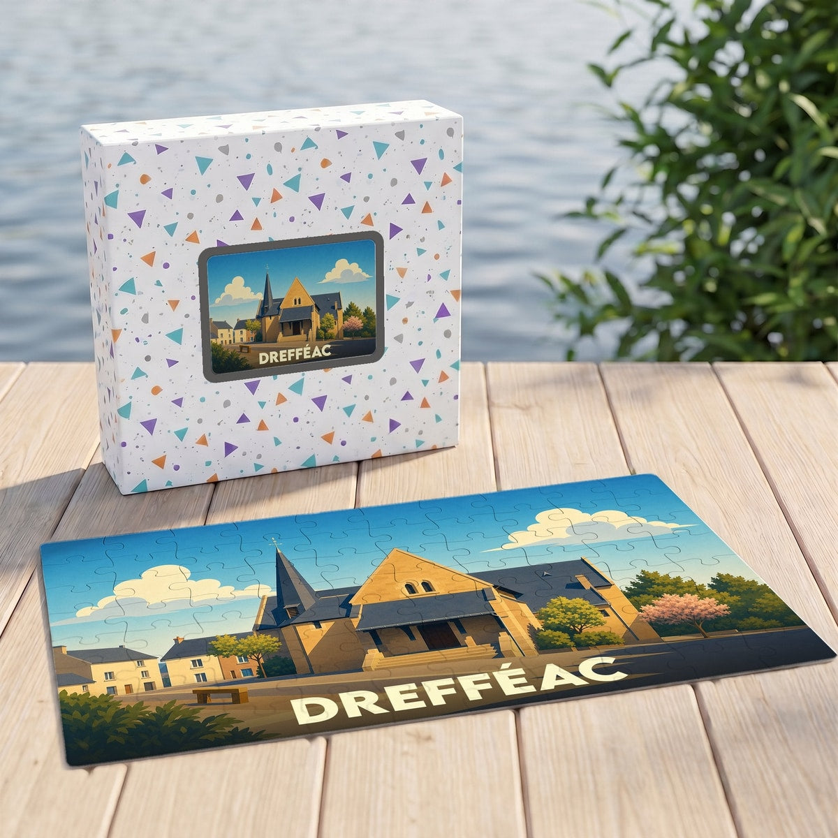 Puzzle souvenir de la ville de Drefféac avec une illustration stylisée de son église.