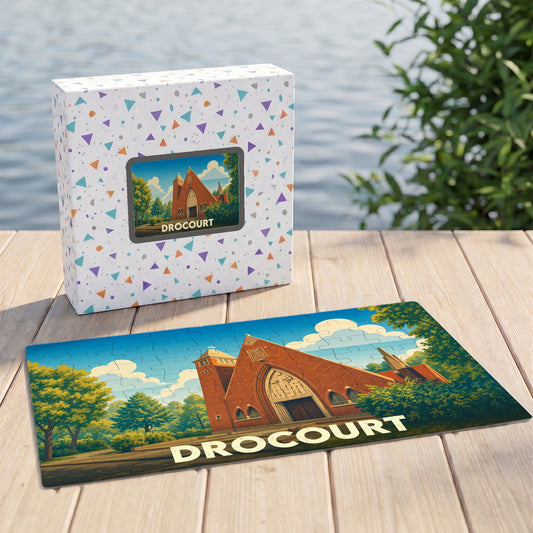 Puzzle souvenir de la ville de Drocourt représentant son église dans un style illustré.