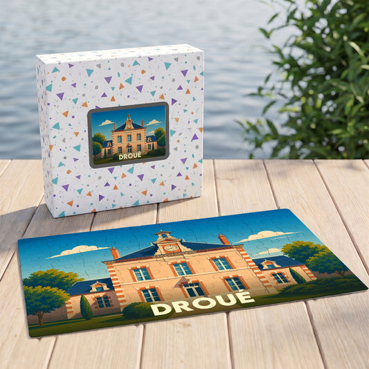 Puzzle souvenir de la ville de Droué illustrant un bâtiment historique dans un style graphique épuré.