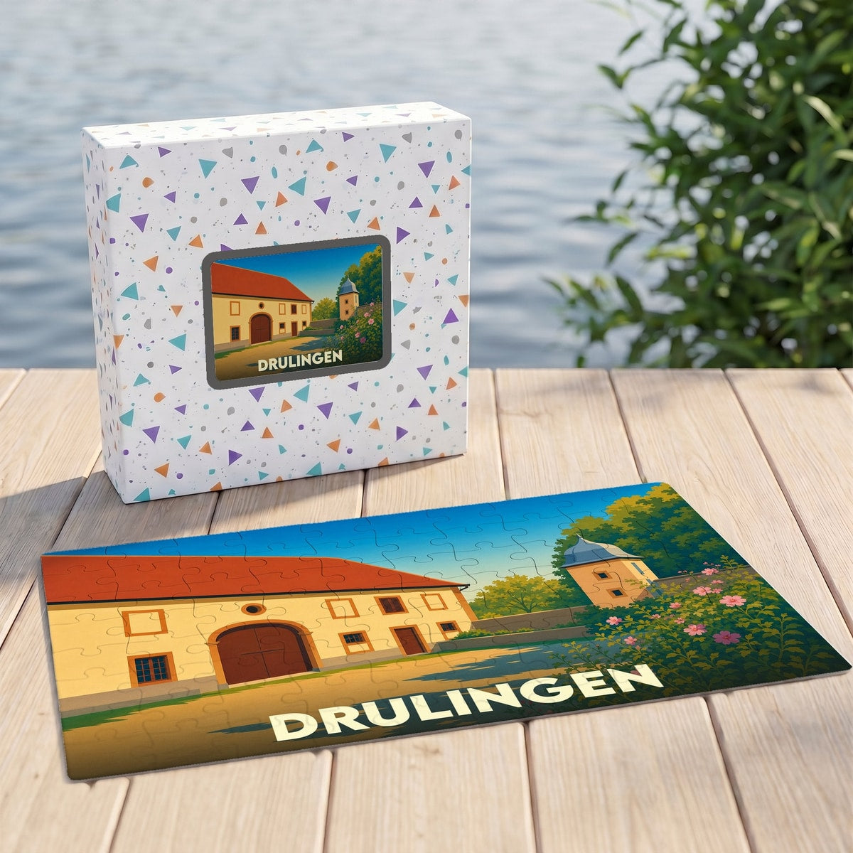 Puzzle souvenir de la ville de Drulingen avec une illustration stylisée d'un bâtiment historique et de son jardin.