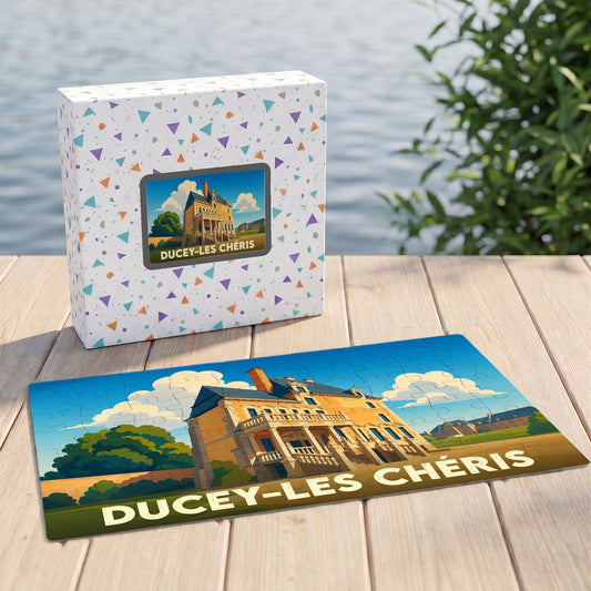 Puzzle souvenir de la ville de Ducey-Les Chéris avec une illustration stylisée d'un château.