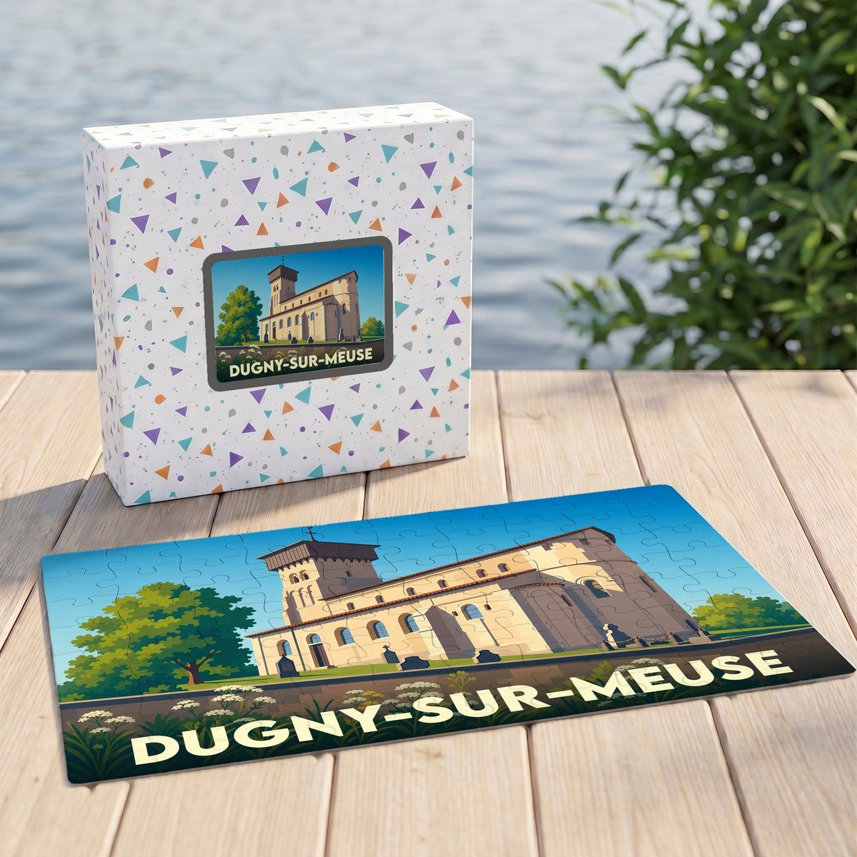 Puzzle souvenir de la ville de Dugny-sur-Meuse avec une illustration stylisée de son église fortifiée.