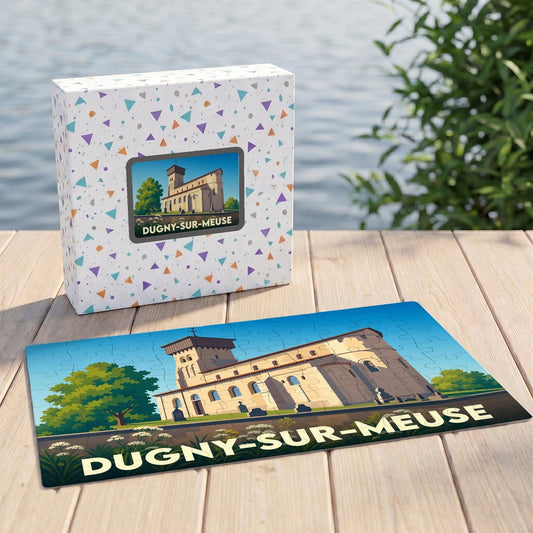 Puzzle souvenir de la ville de Dugny-sur-Meuse avec une illustration stylisée de son église fortifiée.