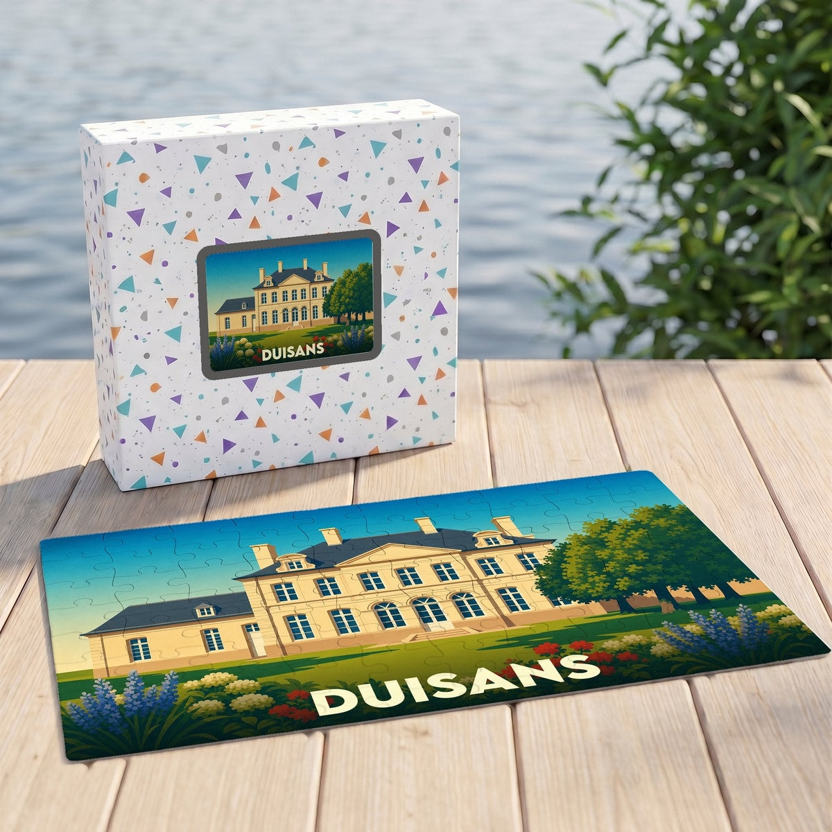 Puzzle souvenir de la ville de Duisans représentant un château illustré dans un style épuré.