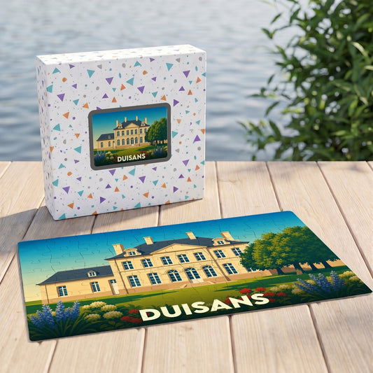 Puzzle souvenir de la ville de Duisans représentant un château illustré dans un style épuré.