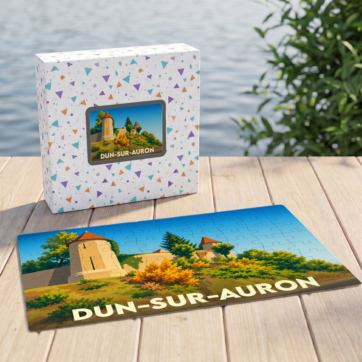 Puzzle souvenir de la ville de Dun-sur-Auron avec une illustration stylisée d'une citadelle médiévale.