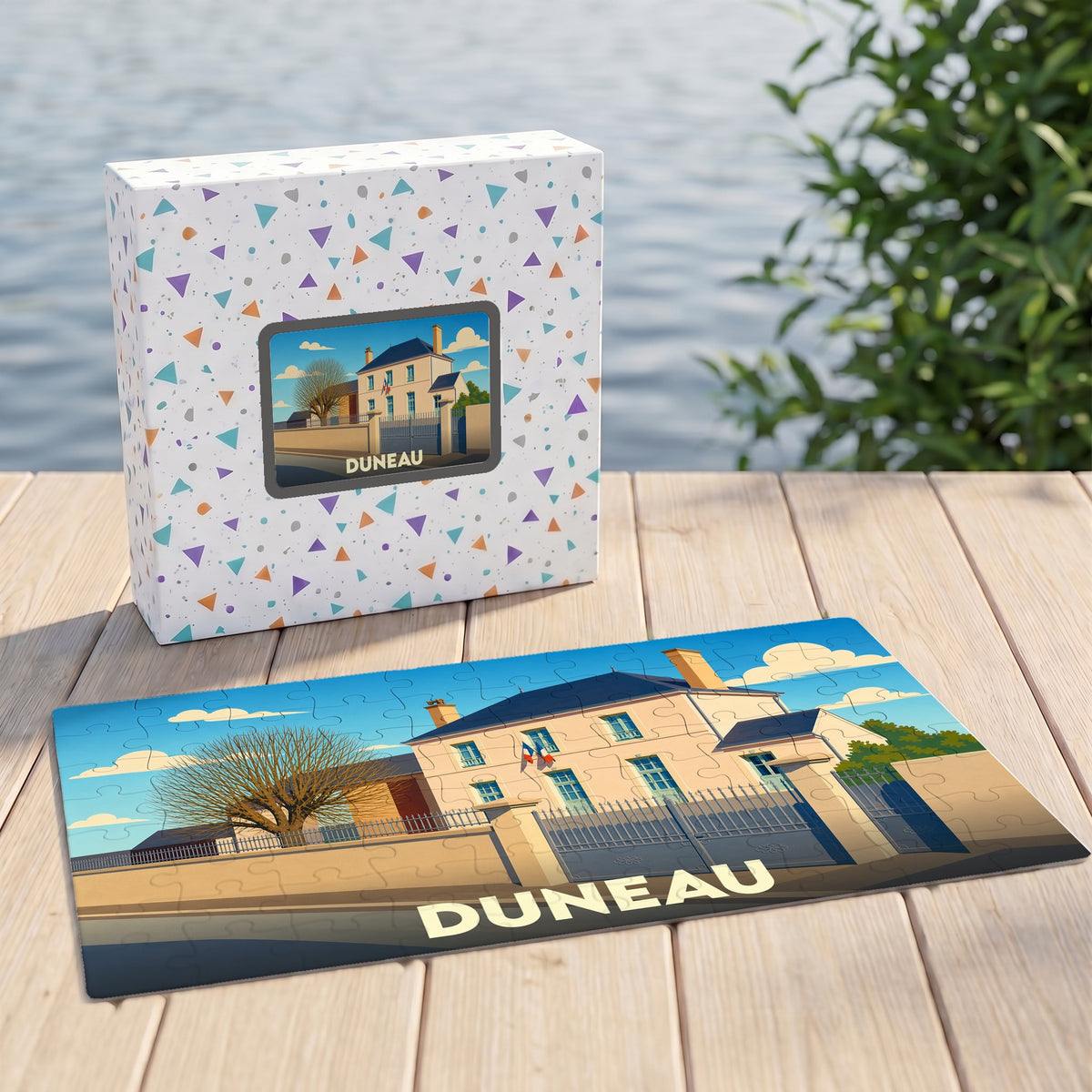 Puzzle souvenir de la ville de Duneau illustrant sa mairie dans un style graphique épuré.