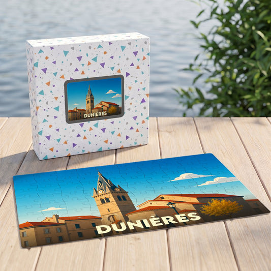 Puzzle souvenir de la ville de Dunières avec une illustration stylisée.