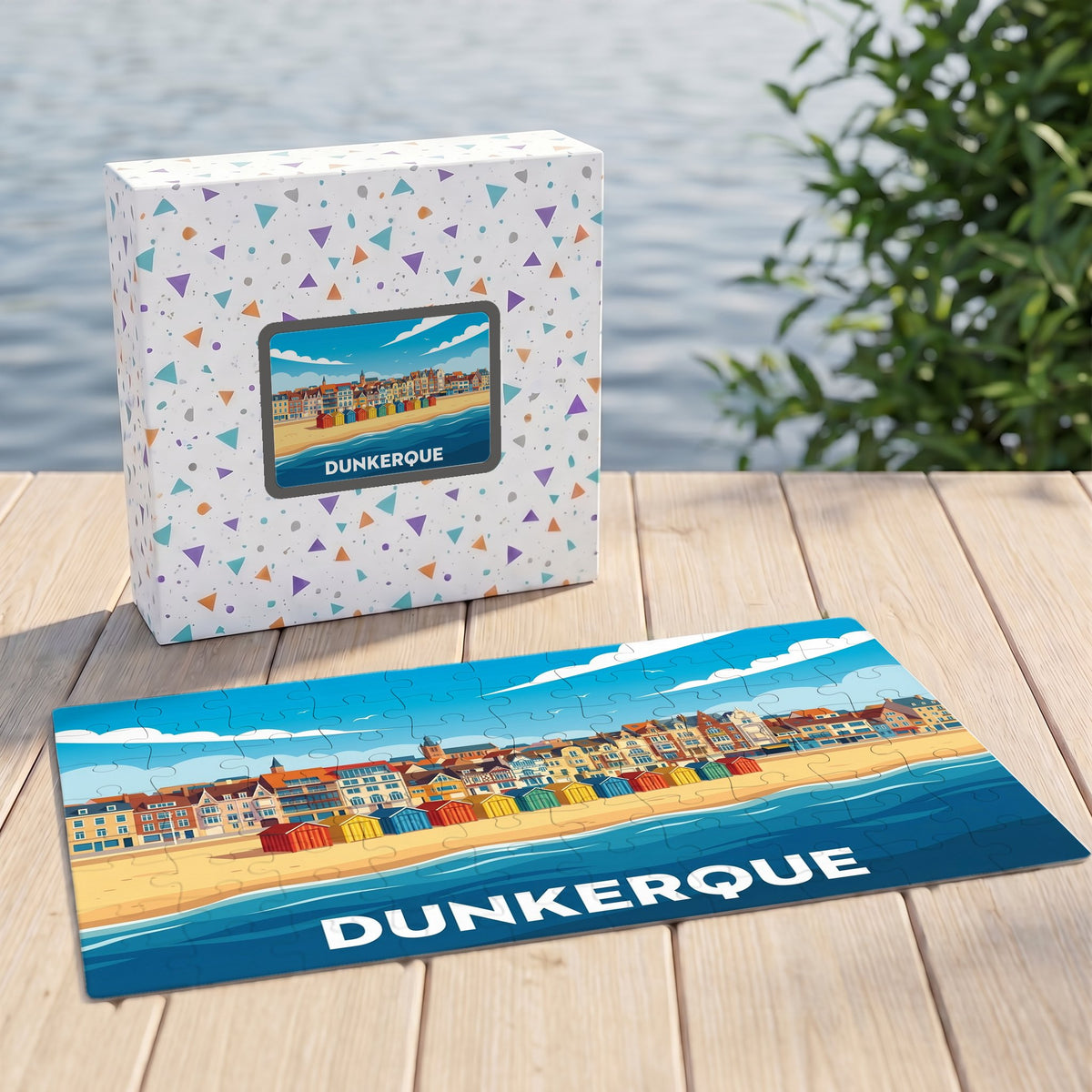 Puzzle souvenir de la ville de Dunkerque avec une illustration stylisée de son bord de mer.