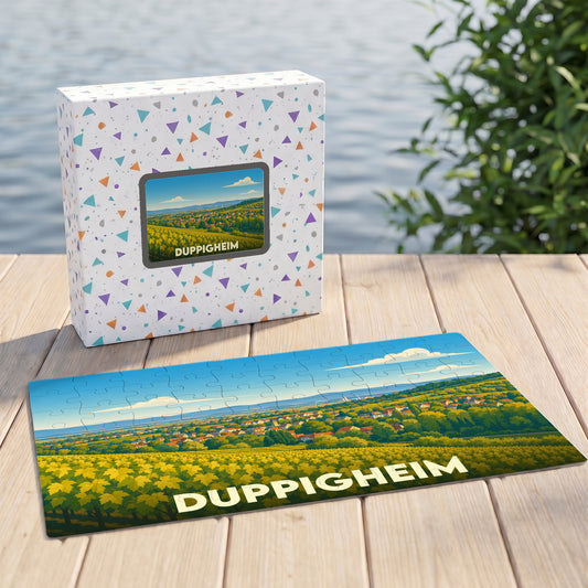 Puzzle souvenir de la ville de Duppigheim avec une illustration stylisée d'un paysage de vignobles.