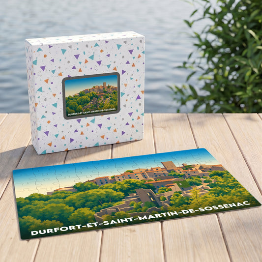 Puzzle souvenir de Durfort-et-Saint-Martin-de-Sossenac illustré par une vue stylisée du village perché.