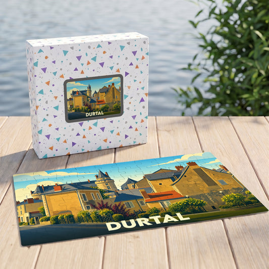 Puzzle souvenir de la ville de Durtal avec une illustration stylisée et colorée.