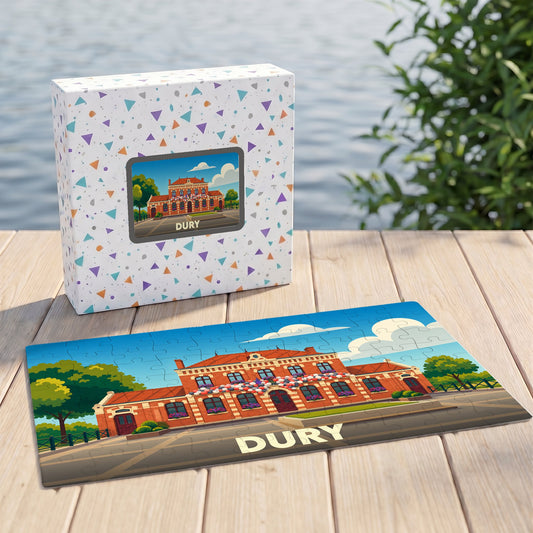 Puzzle souvenir de la ville de Dury avec une illustration stylisée de sa mairie.