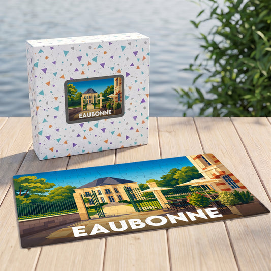 Puzzle souvenir de la ville d'Eaubonne avec une illustration stylisée et colorée de son patrimoine.