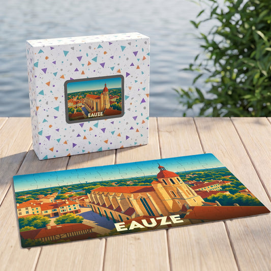 Puzzle souvenir de la ville d'Eauze présentant une illustration stylisée de sa cathédrale dans sa boîte assortie.