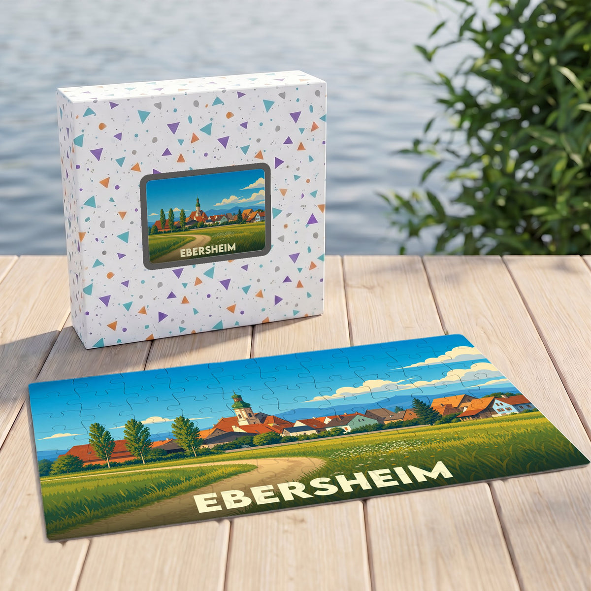 Puzzle souvenir de la ville d'Ebersheim illustrant un paysage de campagne stylisé.