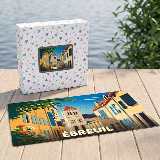Puzzle souvenir de la ville d'Ébreuil avec une illustration stylisée et sa boîte assortie.