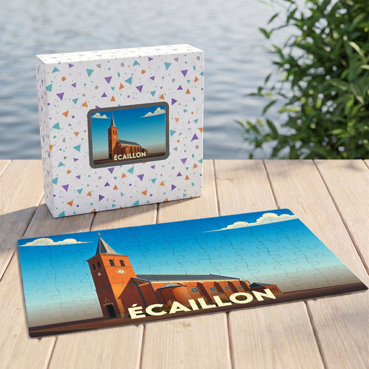 Puzzle souvenir de la ville de Écaillon illustré d'une église sous un ciel bleu.
