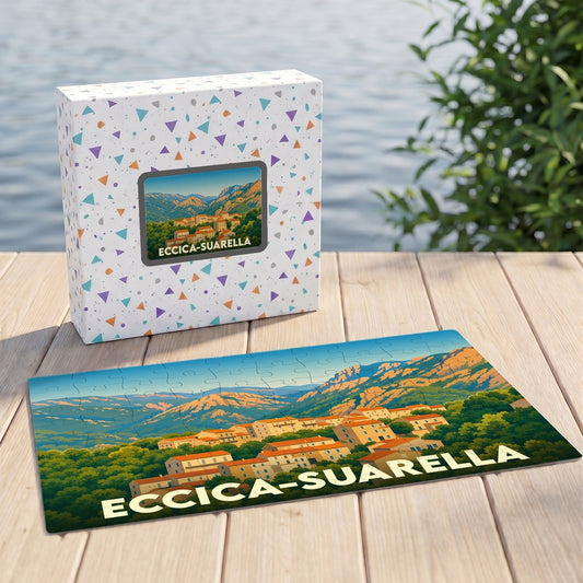 Puzzle souvenir de la ville d'Eccica-Suarella illustré par un paysage de montagne stylisé.