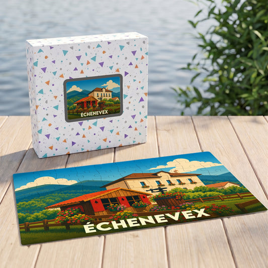 Puzzle souvenir de la ville d'Échenevex avec une illustration stylisée d'un paysage de montagne.