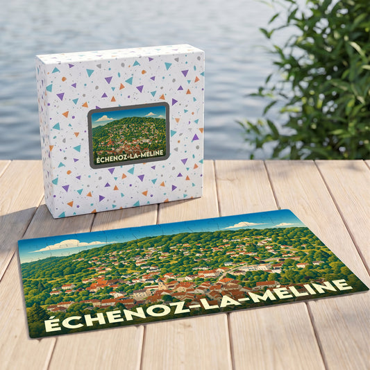 Puzzle souvenir de la ville d'Échenoz-la-Méline avec une illustration panoramique stylisée.