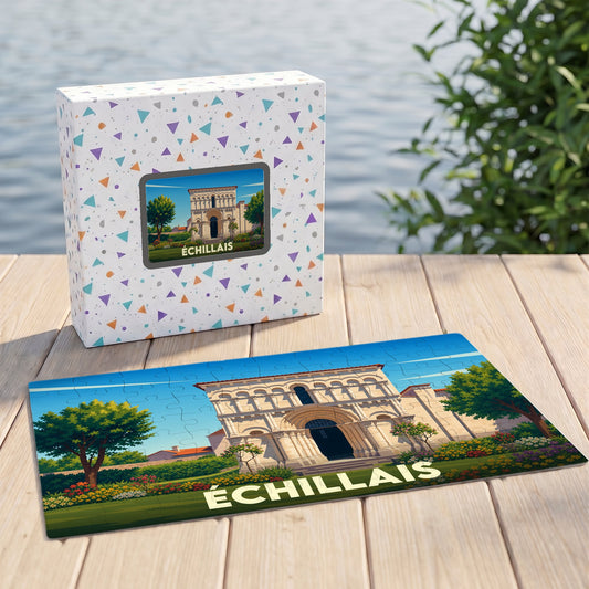 Puzzle souvenir de la ville d'Échillais avec une illustration stylisée de son église romane.