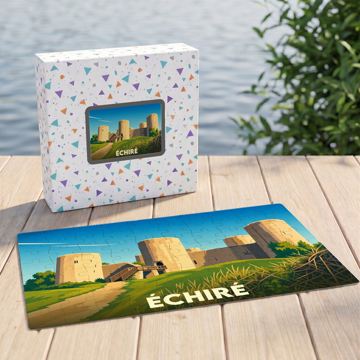 Puzzle souvenir de la ville d'Échiré illustrant son château sur un fond graphique coloré.