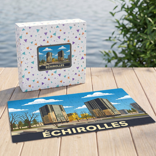 Puzzle souvenir de la ville d'Échirolles avec une illustration stylisée de ses bâtiments emblématiques.