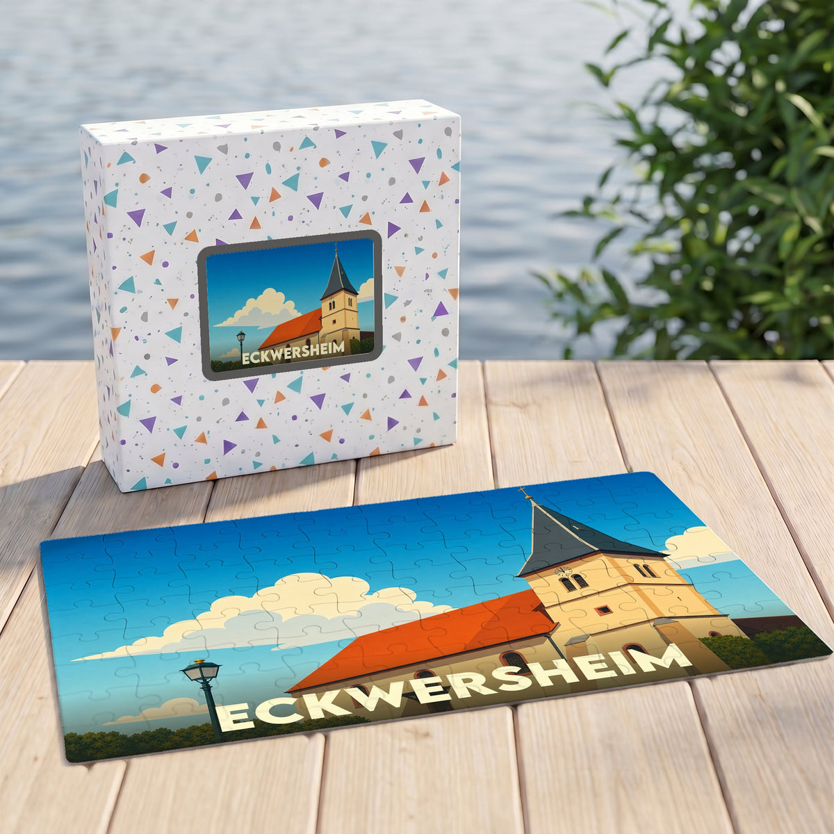 Puzzle souvenir de la ville d'Eckwersheim avec une illustration stylisée de son église.