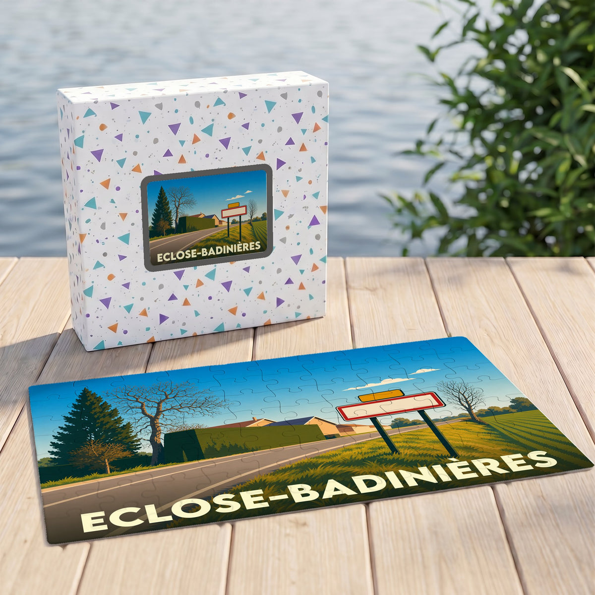 Puzzle souvenir de la commune d'Eclose-Badinières avec son illustration stylisée et sa boîte assortie.