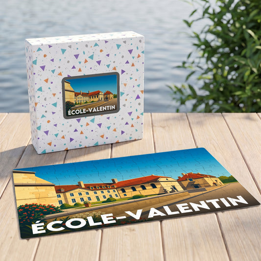 Puzzle souvenir de la ville de École-Valentin avec une illustration stylisée.
