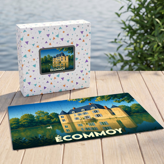 Puzzle souvenir de la ville de Écommoy illustrant un château au bord de l'eau.