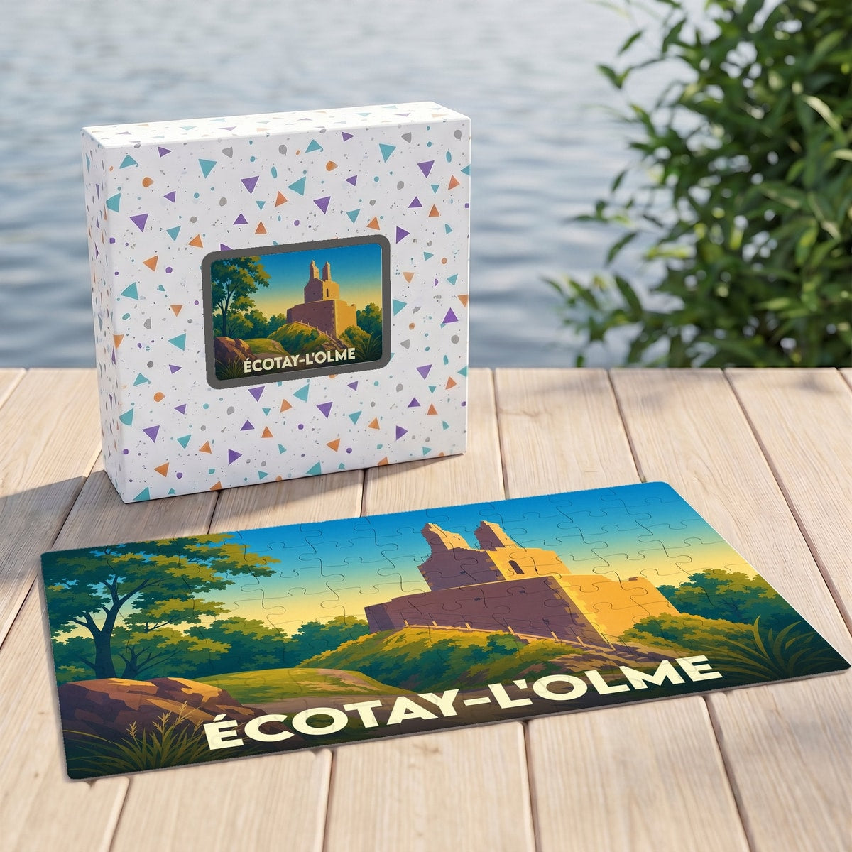 Puzzle souvenir de la ville de Écotay-l'Olme avec une illustration stylisée de son patrimoine.