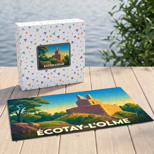 Puzzle souvenir de la ville de Écotay-l'Olme avec une illustration stylisée de son patrimoine.
