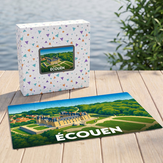 Puzzle souvenir de la ville d'Écouen avec une illustration stylisée du château et de son parc.