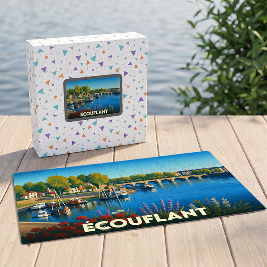 Puzzle souvenir de la ville de Écouflant avec une illustration stylisée d'un paysage fluvial.