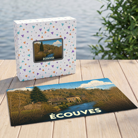 Puzzle souvenir de la ville de Écouves avec une illustration paysagère stylisée.
