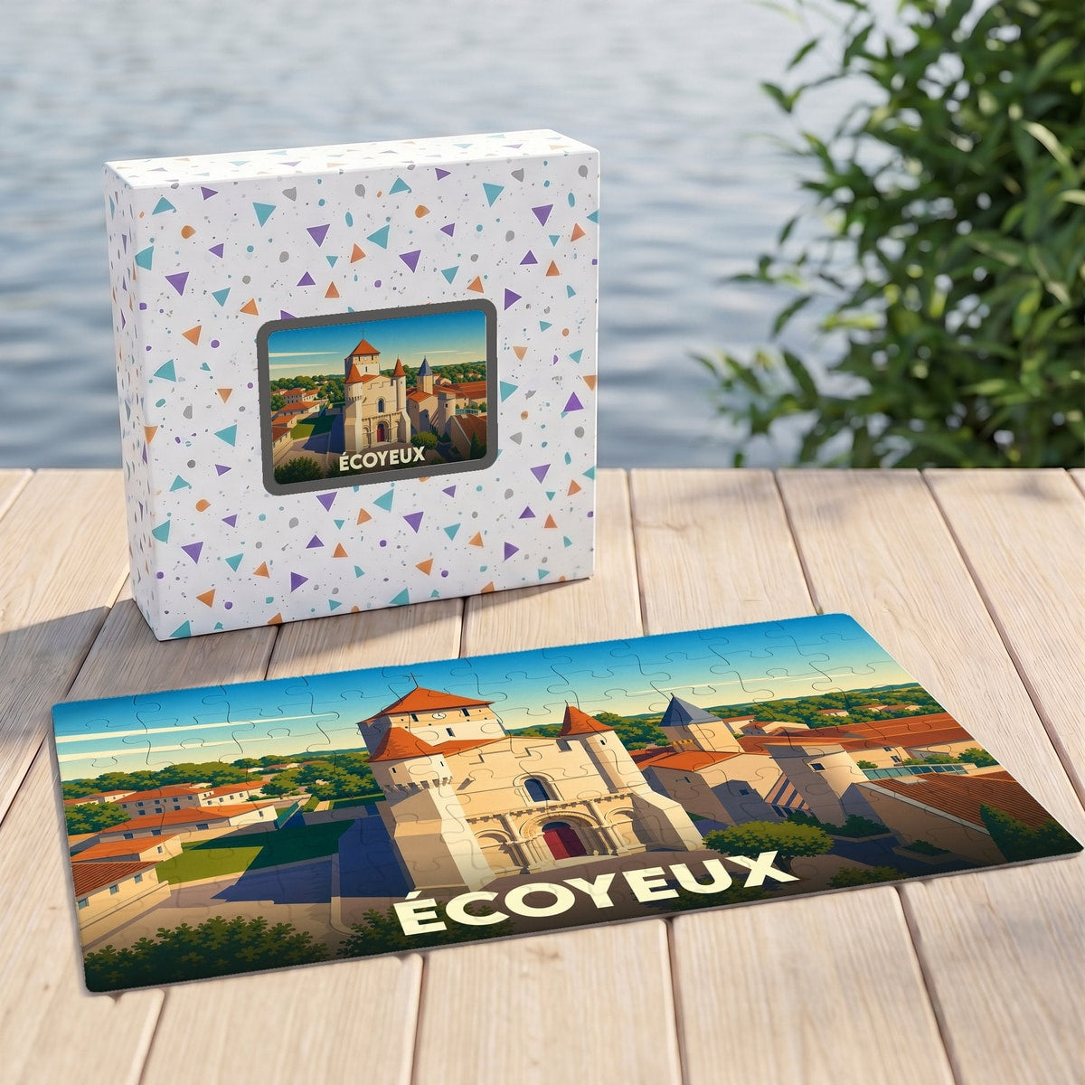 Puzzle souvenir de la ville d'Écoyeux avec une illustration stylisée de son église romane.