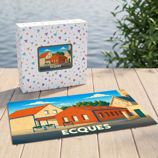 Puzzle souvenir de la ville d'Ecques avec une illustration stylisée et colorée.