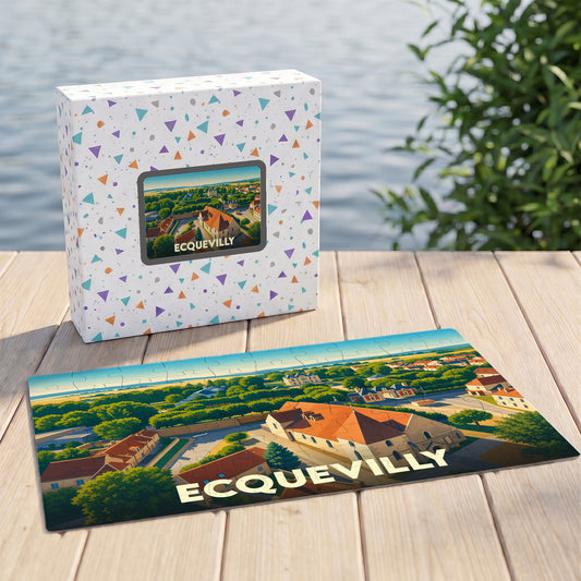 Puzzle souvenir de la ville de Ecquevilly présentant une illustration panoramique stylisée dans sa boîte assortie.