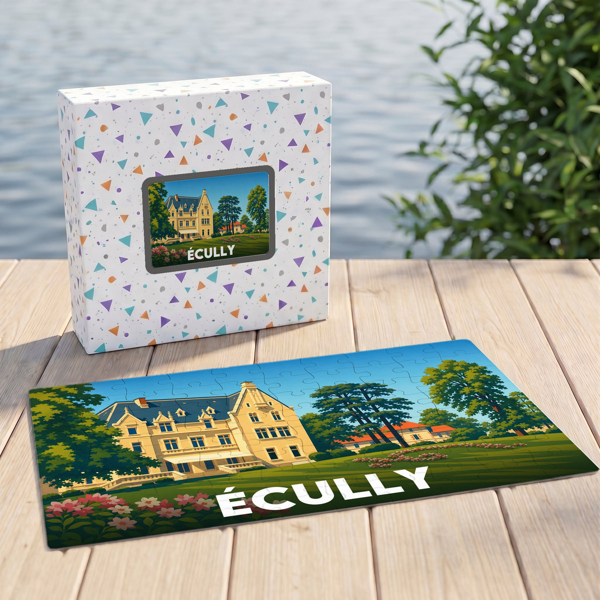 Puzzle souvenir de la ville d'Écully avec une illustration stylisée d'un manoir entouré de verdure.